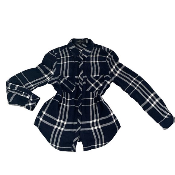 Romeo + Juliet Plaid Flannel Button Front Top Sz M Navy Blue & White 106i - Picture 6 of 9